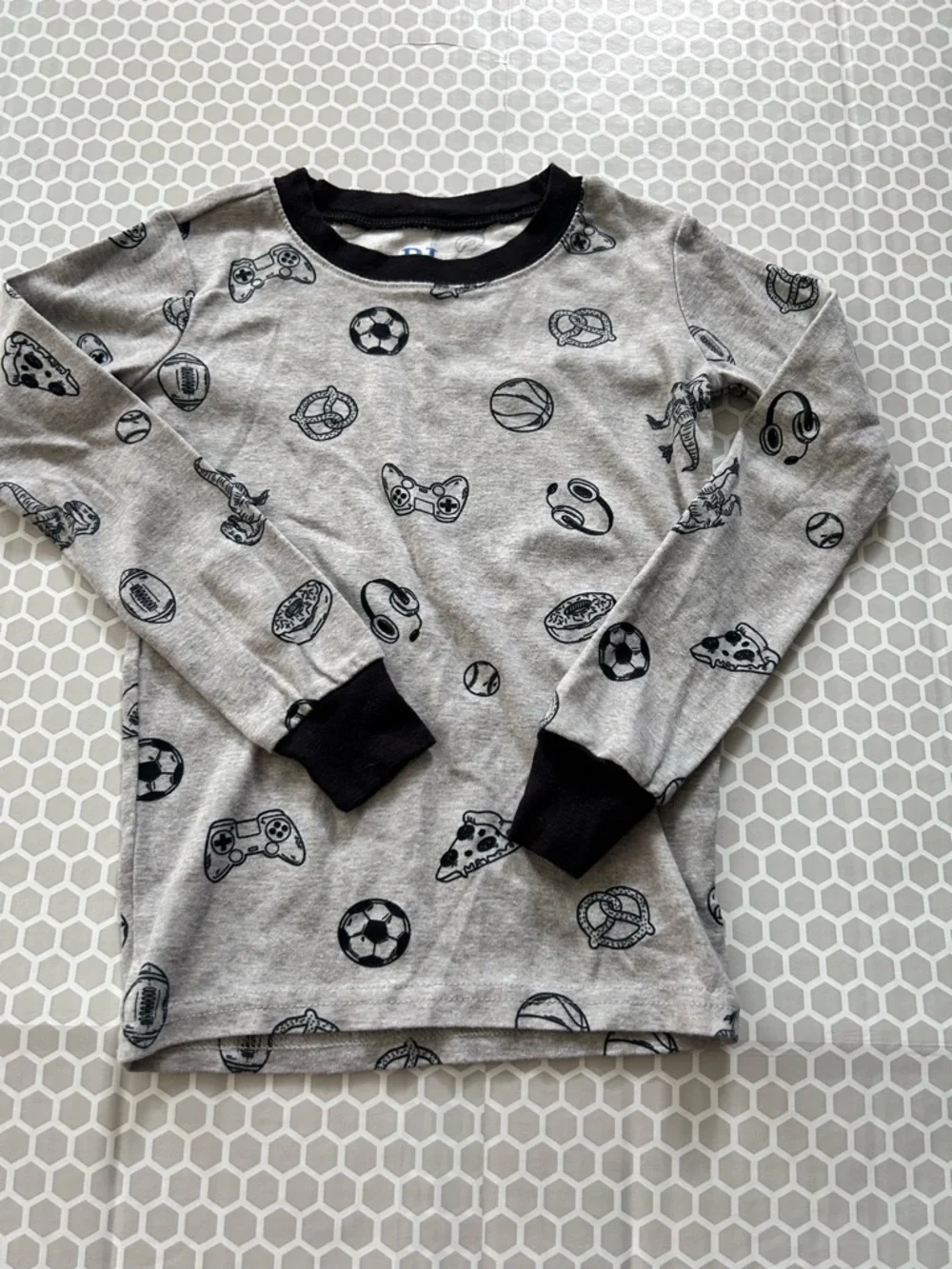 Place Grey Pajama Set with Black Accents and Game Print. Size 6